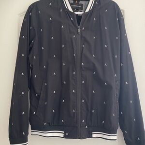 Denim & Flower Black Bomber Jacket with skull stitch accents